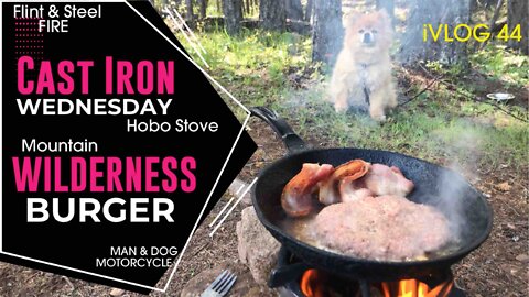 COOKING A BURGER IN CAST IRON ON A HOBO STOVE WITH A DOG IN THE MOUNTAINS ON A MOTORCYCLE - VLOG 44