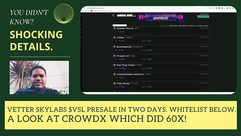 Vetter Skylabs $VSL Presale In Two Days. Apply For Whitelist Below. A Look At Crowdx Which Did 60x!