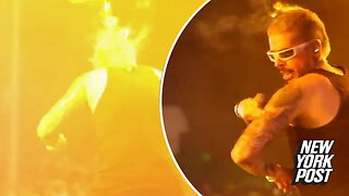 Fiery moment singer Reykon's hair goes up in flames