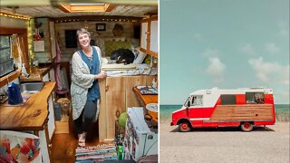 Mother + Daughter Live Full Time In Custom DIY Van Converted from a Fire Department Step Van.