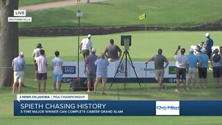 Viktor Hovland driving off 13