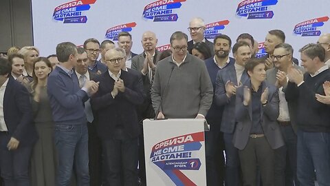 Serbian president Aleksandar Vucic arrives at his party headquarters