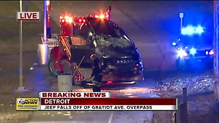 Vehicle falls off of Gratiot Avenue overpass in Detroit