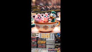 Jigglypuff and Donald Duck enjoy a fun ride in a giant teacup at an amusement park.