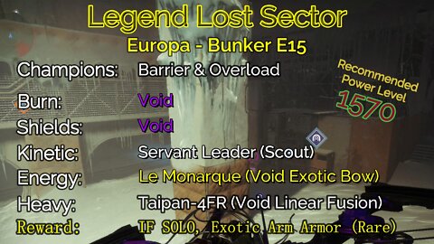 Destiny 2 Legend Lost Sector: Europa - Bunker E15 on my Titan 9-26-22