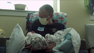 Home from the Middle East and out of quarantine, dad sees twins for first time