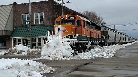 Freight Train Pushing SNOW Thru Downtown In April #trains #trainvideo #trainhorn | Jason Asselin