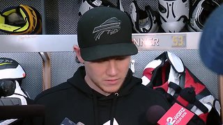 Sabres forward Jeff Skinner talks to media during locker clean out