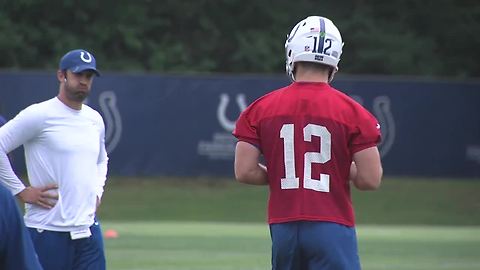 Andrew Luck throws football at Indianapolis Colts practice