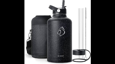 BUZIO Insulated Water Bottle 64 oz with Straw Lid and Flex Lid, 64oz Stainless Steel Water Bott...