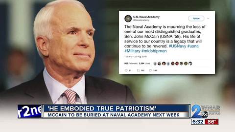 McCain to be buries at Naval Academy Next Week