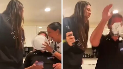 Dad gets whipped cream in the face for hilarious prank
