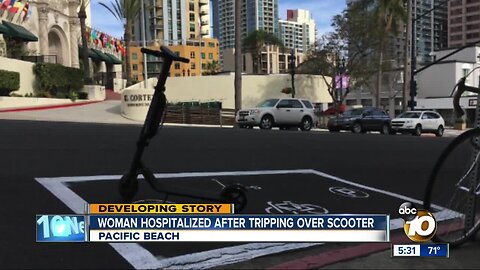 Woman hospitalized after tripping over scooter
