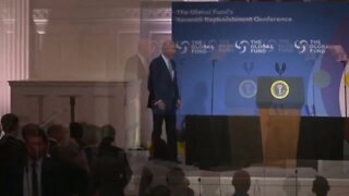 President Biden appears lost on stage following remarks at the Global Fund’s Seventh Replenishment