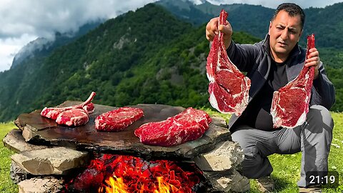 Roasting Juicy Beef Steaks on Hot Stones! Outdoors Cooking Alone in the Mountains