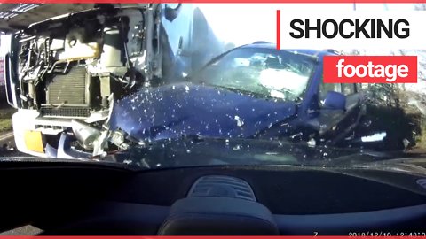 This shocking dashboard footage shows the moment a LORRY hit stationary traffic