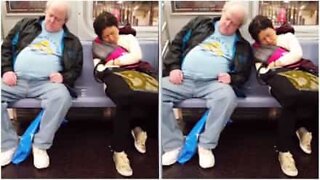 Sleepy strangers almost collide on the subway