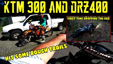 KTM300 and DRZ400 hit some trails, my first KTM ride and I drop the DRZ for the first time too