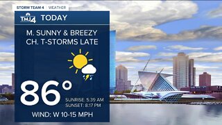 Mostly sunny, breezy, and warm, with chance of thunderstorms late