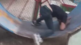 Painful fall in huge hamster wheel