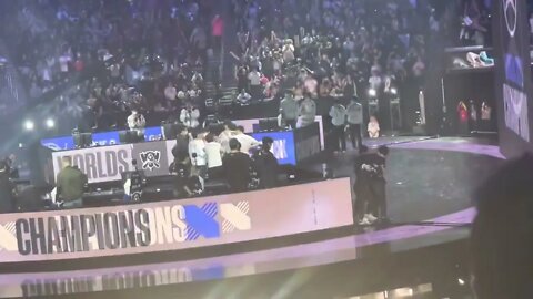 Keria being escorted off stage by Bengi after Game 5 loss.