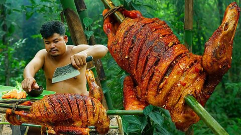 Wilderness Cooking Skill | Roasted Muscovy Duck Green Coconut Eating With Chili Sauce So Delicious.