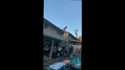 chick jumping off roof into pool doesn't quite make it.