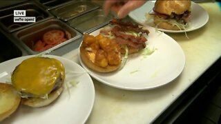 Cooking burgers and mac n cheese at Uncle Buck's