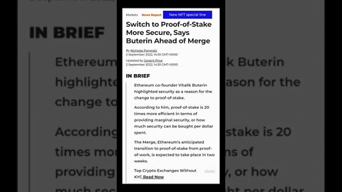 Switch to Proof-of-Stake More Secure, Says Buterin Ahead of Merge #cryptoshortsnews #viral #trending