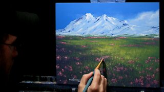 Acrylic Landscape Painting of Field & Snow Covered Mountains - Time Lapse - Artist Timothy Stanford