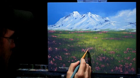 Acrylic Landscape Painting of Field & Snow Covered Mountains - Time Lapse - Artist Timothy Stanford