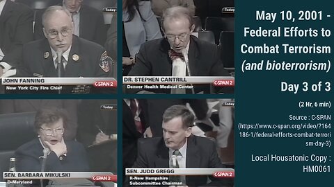 2001 (MAY 10) - C-SPAN: USA FEDERAL EFFORTS TO COMBAT TERRORISM (AND BIOTERRORISM), DAY 3 OF 3