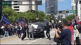 Protester is pushed out of the way of Trumps motorcade