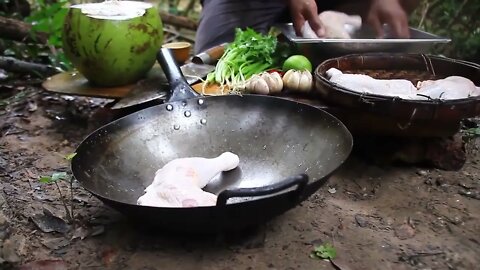 Cooking Coconut Chicken Leg Recipe eating so Yummy - Use Coconut water Cook Chicken Meat in Fry n-4