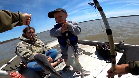 Son fishing with father, how to catch shallow catfish, catfish, spring catfish,