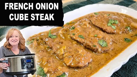 Crockpot FRENCH ONION CUBE STEAK, A Slow Cooker Cube Steak Recipe, Dinner Ideas