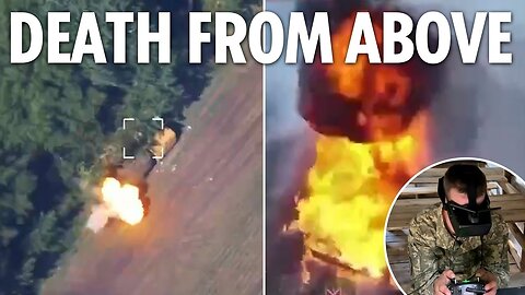 Russian tanks engulfed in flames after being blown up by Ukraine drones as they hide in trees