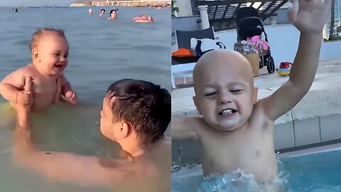 Funny baby reaction on the beach ||