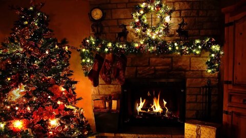 The crackling of wood in the fireplace. Cozy Christmas atmosphere.