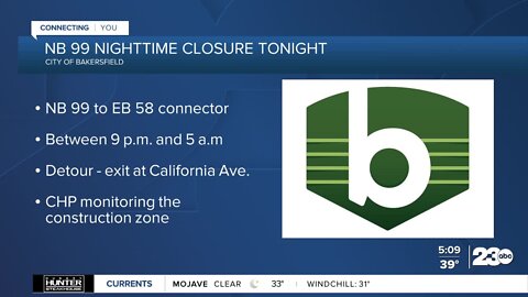 Northbound Hwy 99 to be closed Monday night