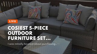 COSIEST 5-Piece Outdoor Furniture Set Warm Gray Wicker Sectional Sofa w Thick Cushions, Glass C...