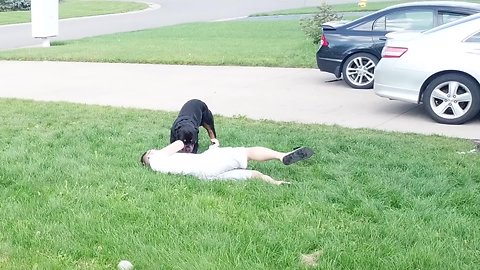 Check out this Rottweiler's reaction when his owner pretends to faint!
