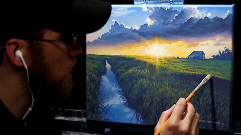 Acrylic Landscape Painting of Sunlight Over A Field - Time Lapse - Artist Timothy Stanford