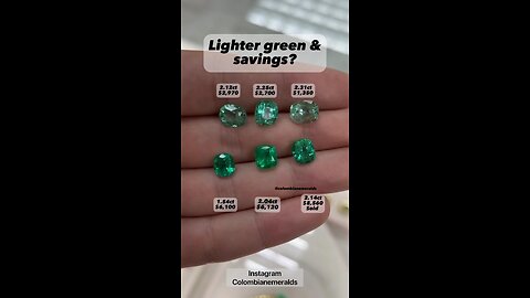 Loose Colombian Zambian Brazilian emeralds in shape cushion, oval, marquise, round, & emerald cut