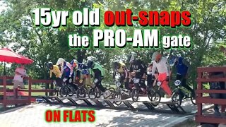 Young Local BMX Ripper Beats the PRO-AM gate to the 30' Line