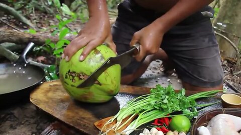 Cooking Coconut Chicken Leg Recipe eating so Yummy - Use Coconut water Cook Chicken Meat in Fry P-1