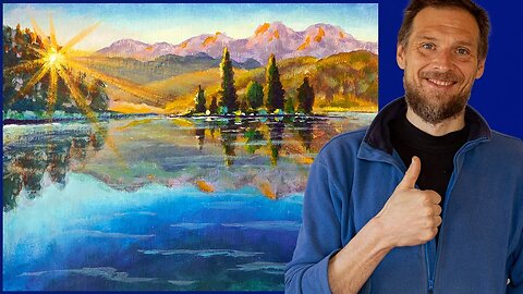 Озеро в горах - Рисуем вместе акриловыми красками картину с художником в деревне.