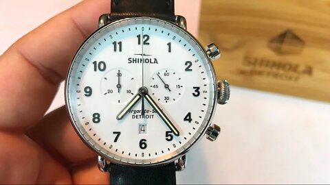 The white 43mm Canfield Chrono chronograph watch from Shinola in Detroit review