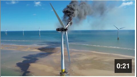 A wind turbine catches fire off the British coast, releasing thick black toxic fumes into the air