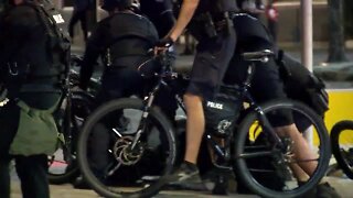 Tampa police officers arrest a protester near Curtis Hixon Park